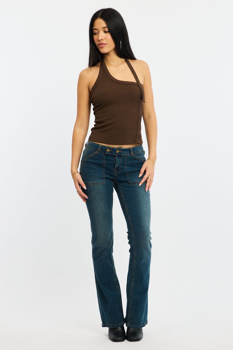 Brown Halter Neck Top Rib