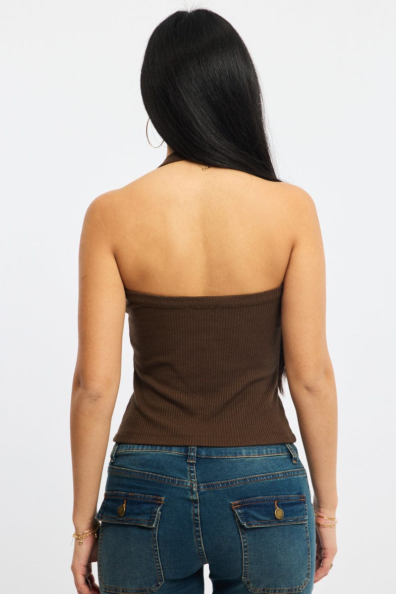 Brown Halter Neck Top Rib