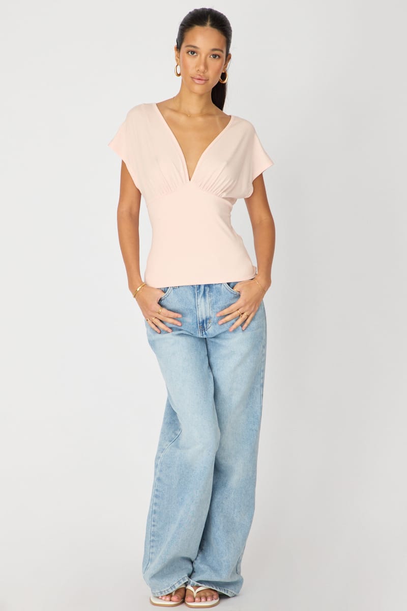 Pink Vneck Top Short Sleeve