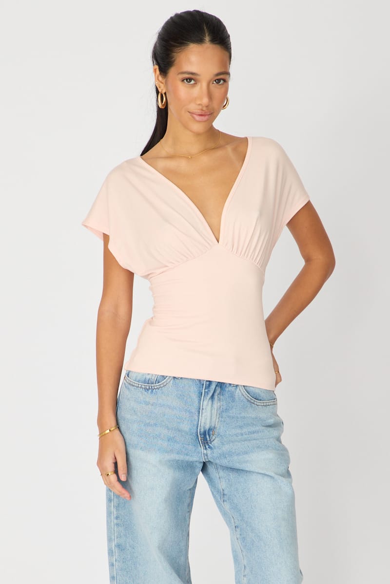 Pink Vneck Top Short Sleeve