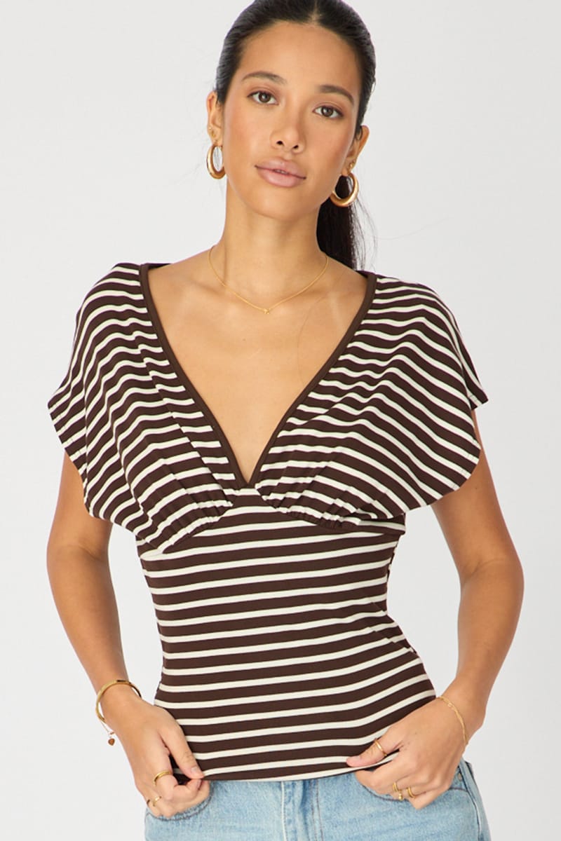 Brown V-neck Top Short Sleeve