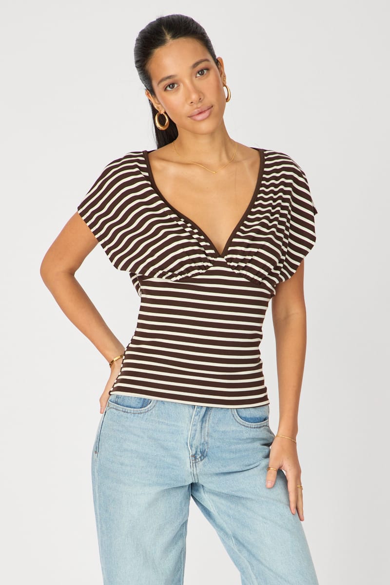 Brown V-neck Top Short Sleeve