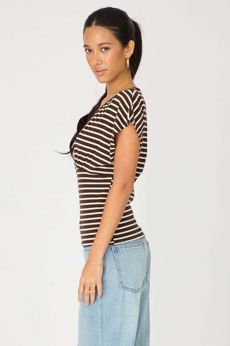 Brown V-neck Top Short Sleeve