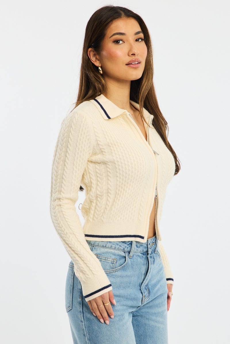 White Knit Jacket Cable Polo Collar Zip-up