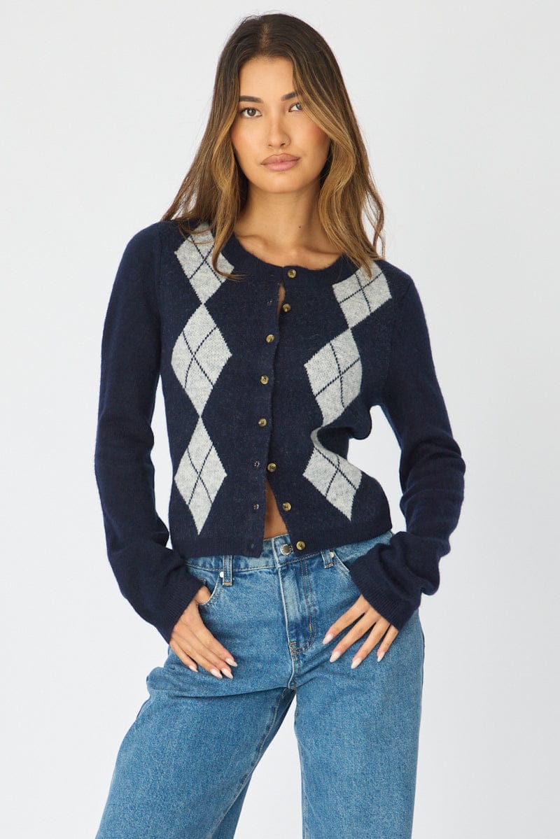 Blue Check Knit Top Long Sleeve Round Neck Argyle