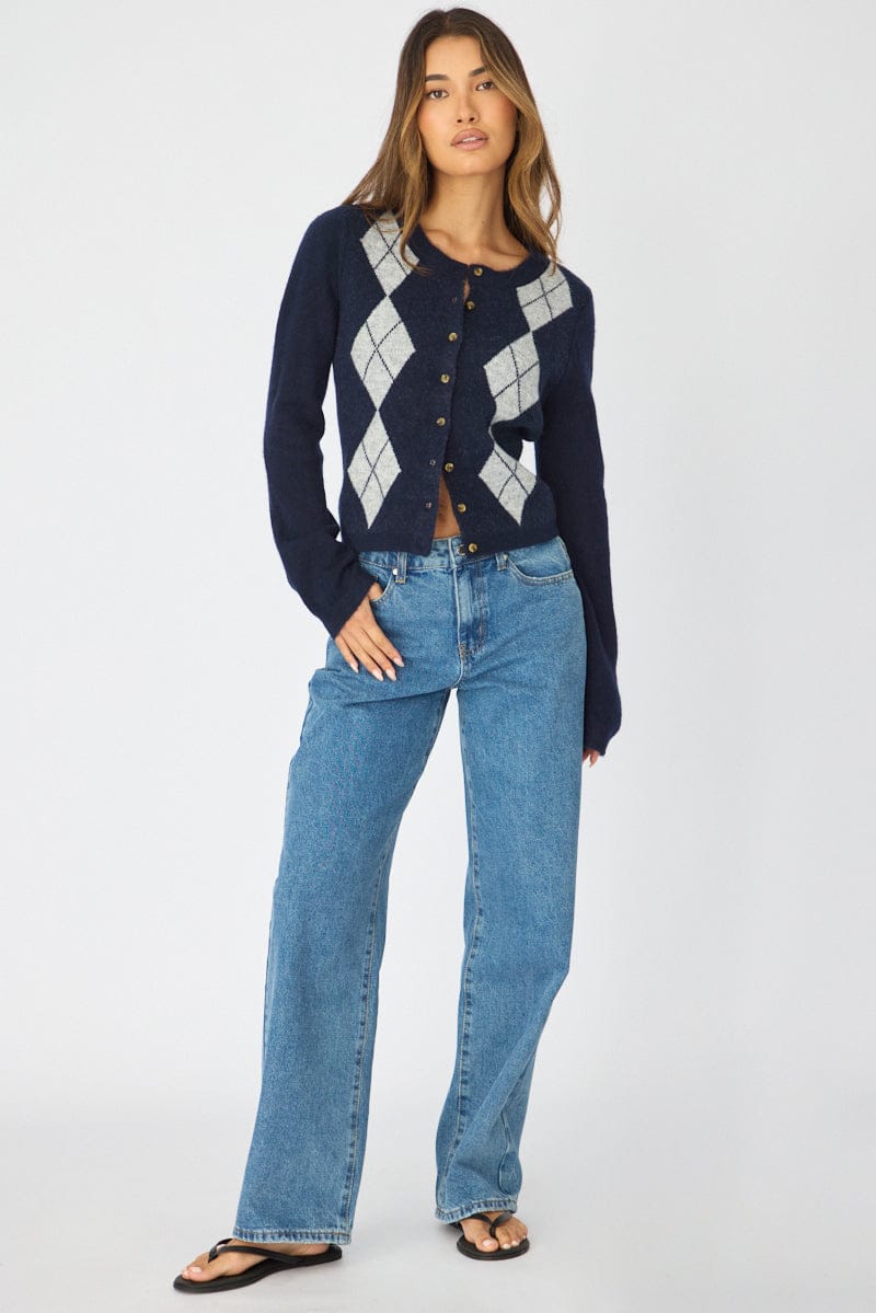 Blue Check Knit Top Long Sleeve Round Neck Argyle