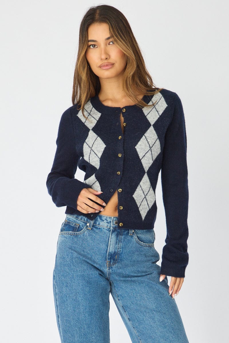 Blue Check Knit Top Long Sleeve Round Neck Argyle