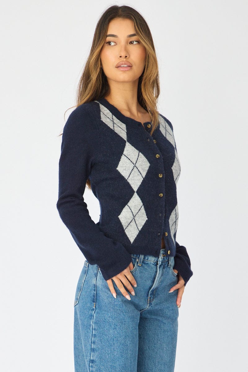Blue Check Knit Top Long Sleeve Round Neck Argyle