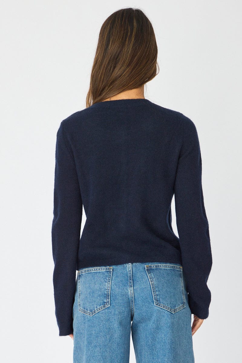 Blue Check Knit Top Long Sleeve Round Neck Argyle