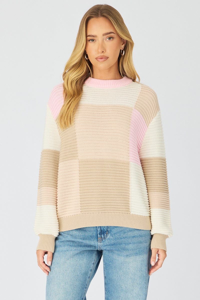 Multi Check Knit Top Long Sleeve Multi Color Check