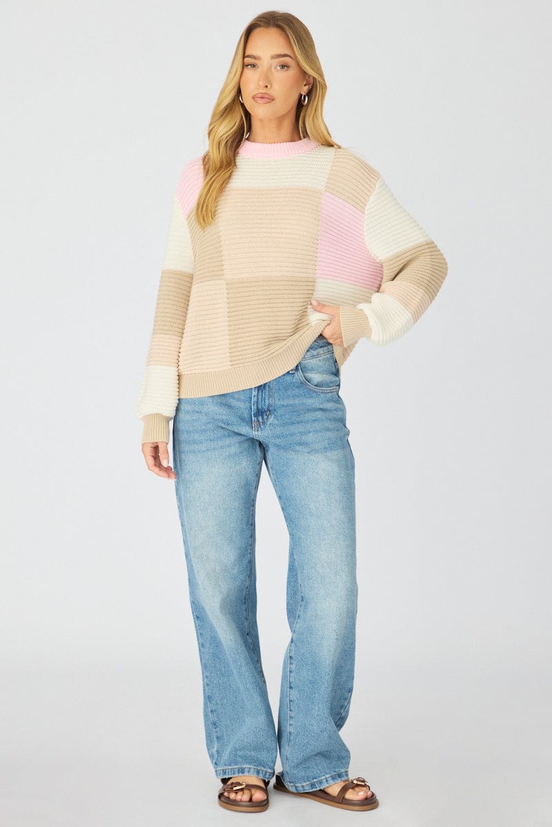 Multi Check Knit Top Long Sleeve Multi Color Check