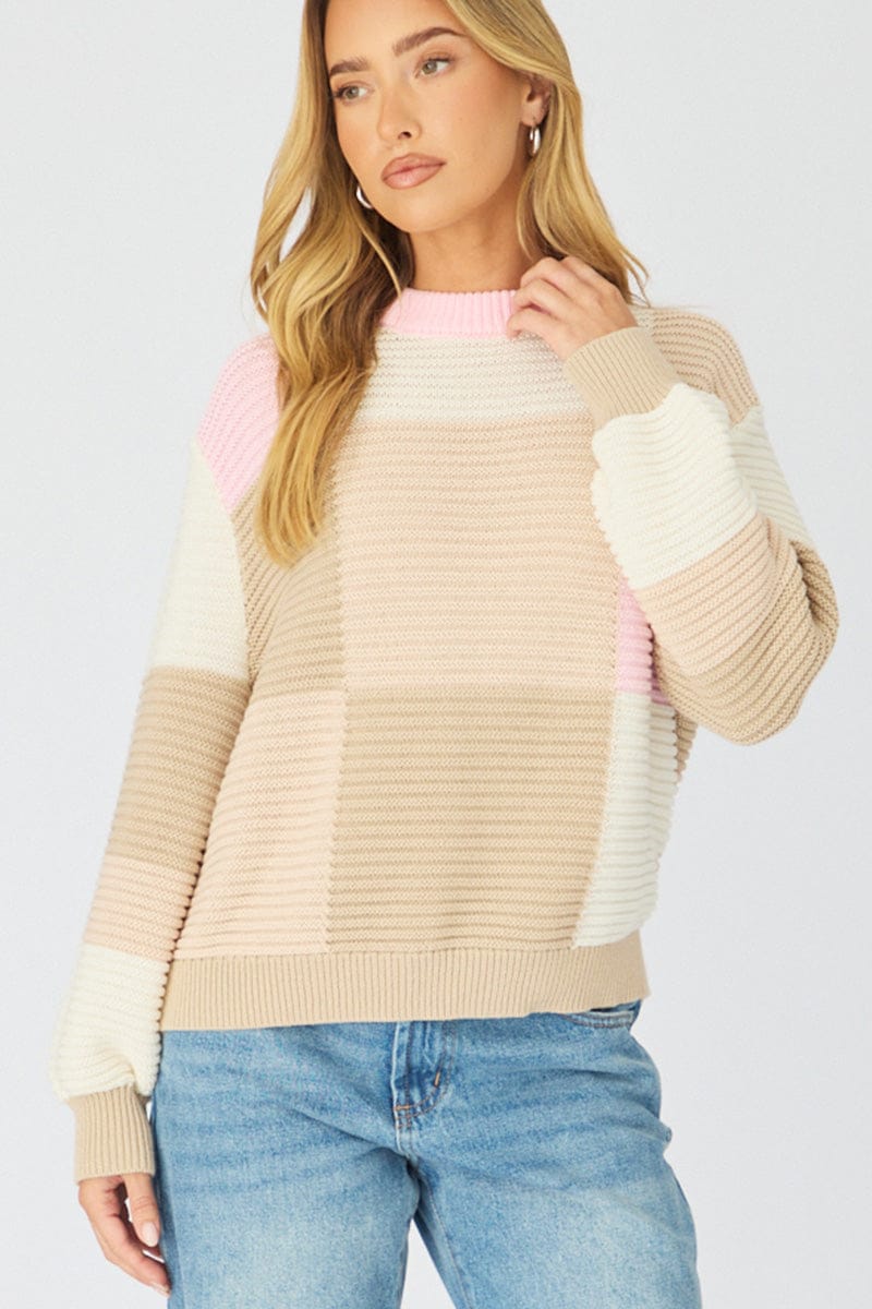 Multi Check Knit Top Long Sleeve Multi Color Check