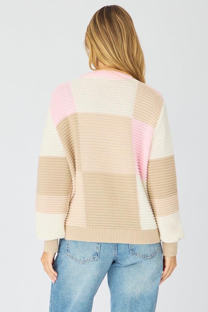 Multi Check Knit Top Long Sleeve Multi Color Check