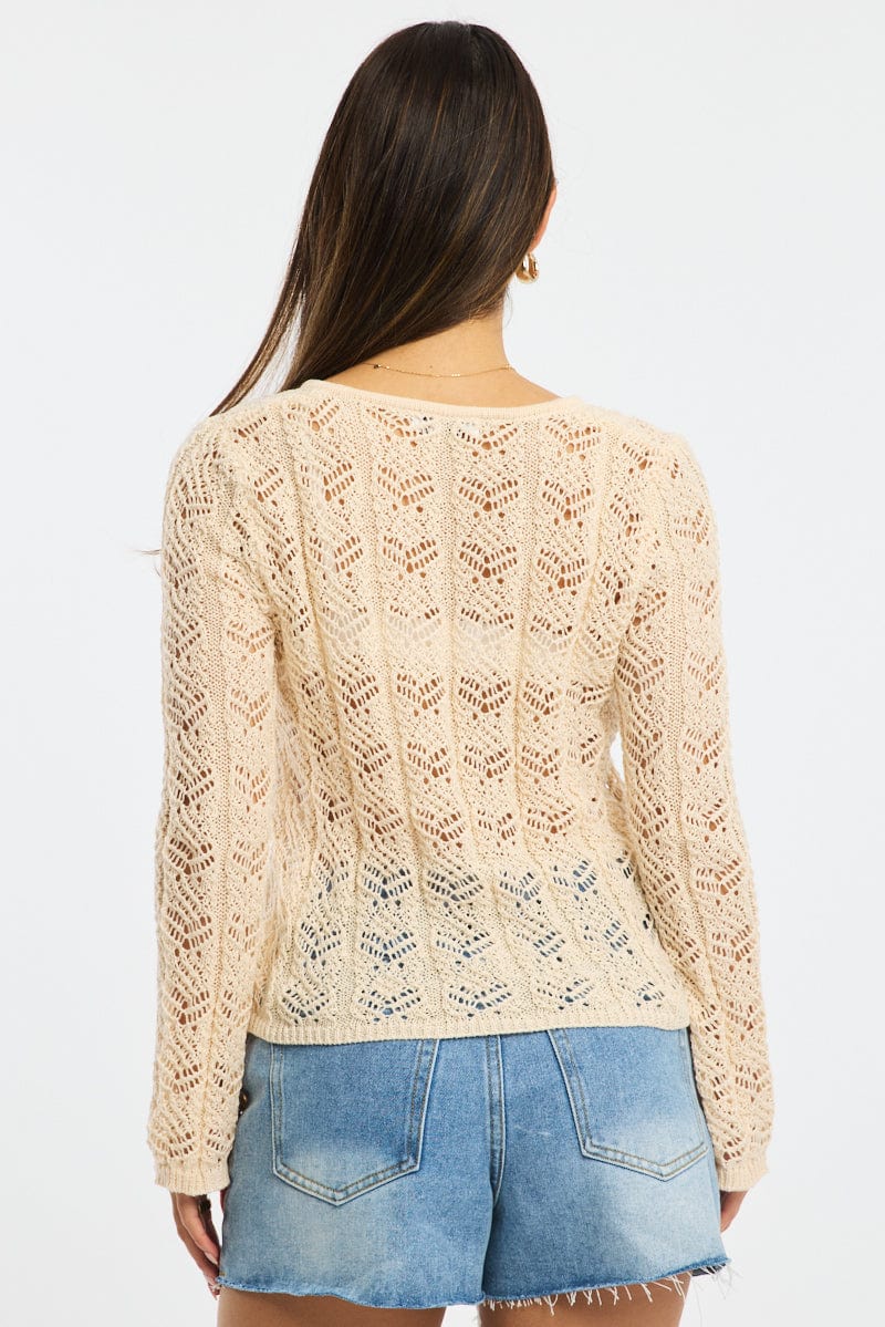 Beige Crochet Knit Top Long Sleeve
