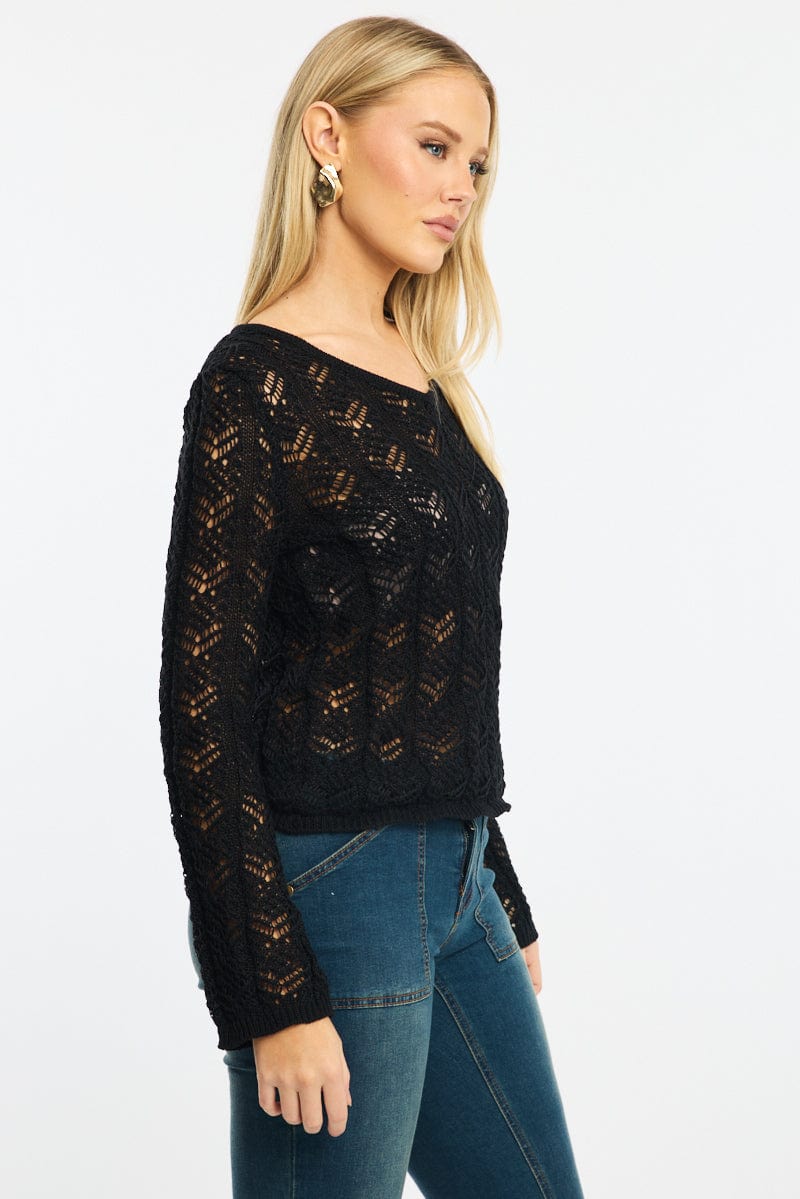 Black Crochet Knit Top Long Sleeve
