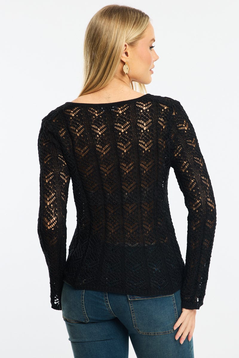 Black Crochet Knit Top Long Sleeve