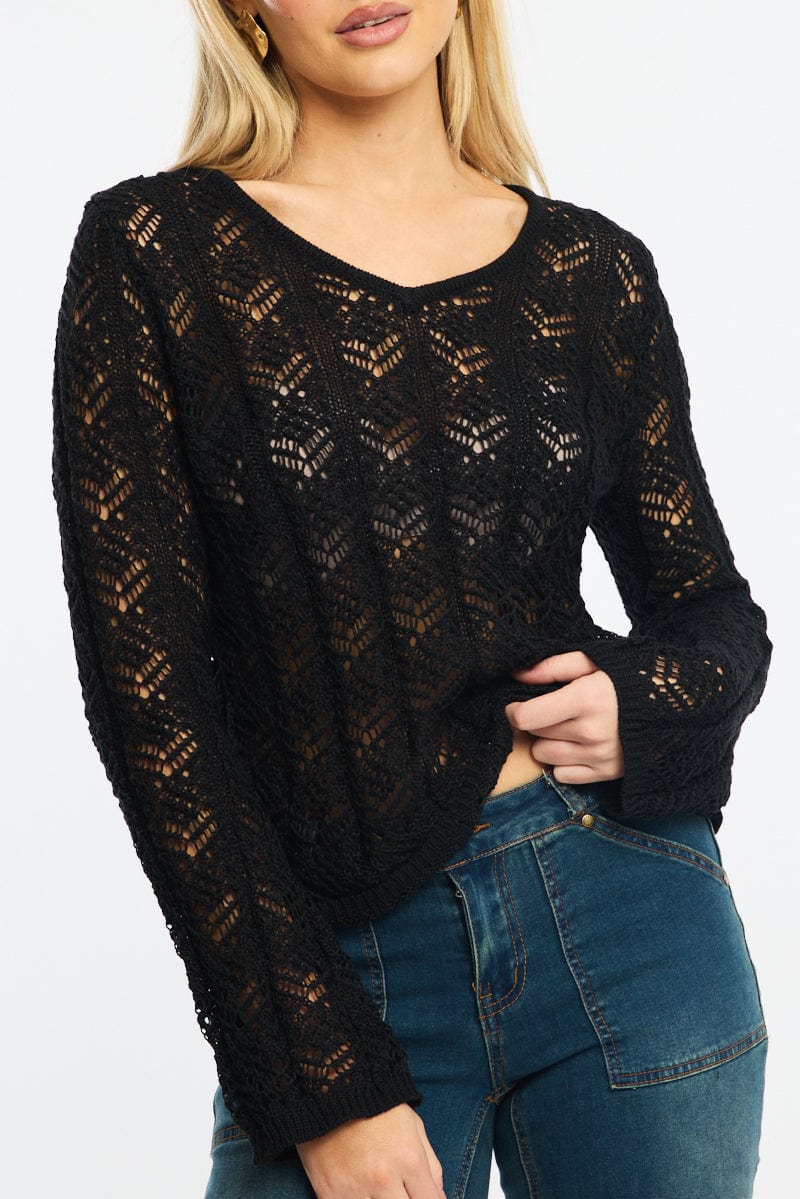 Black Crochet Knit Top Long Sleeve