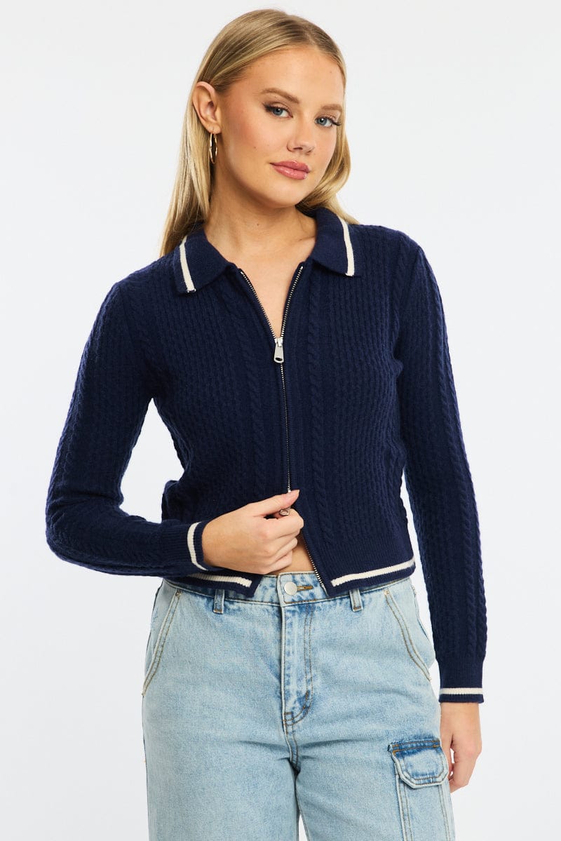 Blue Knit Jacket Cable Polo Collar Zip-up