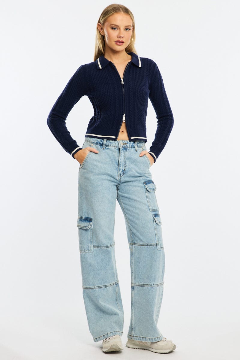 Blue Knit Jacket Cable Polo Collar Zip-up