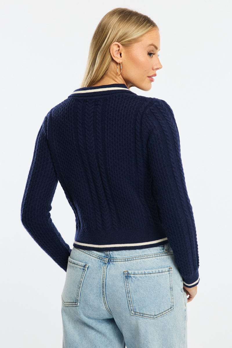 Blue Knit Jacket Cable Polo Collar Zip-up