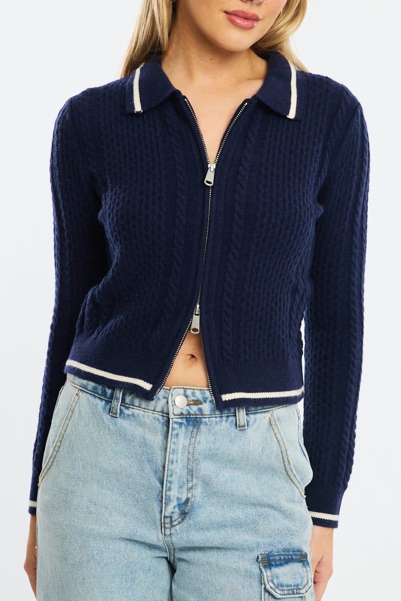 Blue Knit Jacket Cable Polo Collar Zip-up