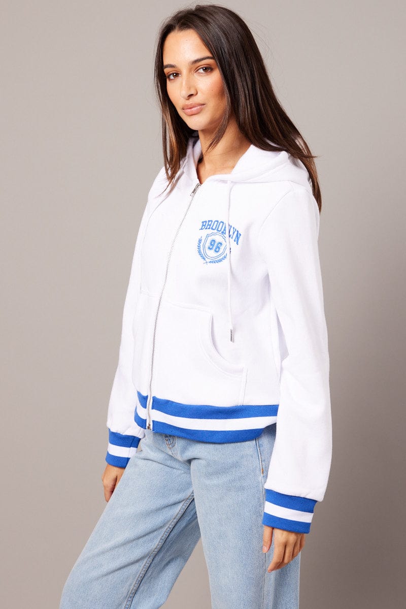 ZIP HOODIE White Long Sleeve Embroidered Hoodie Jacket for Women by Ally
