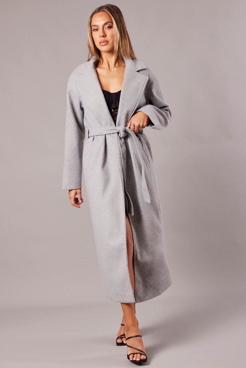 Grey Long Coat Long Sleeve Tie Front