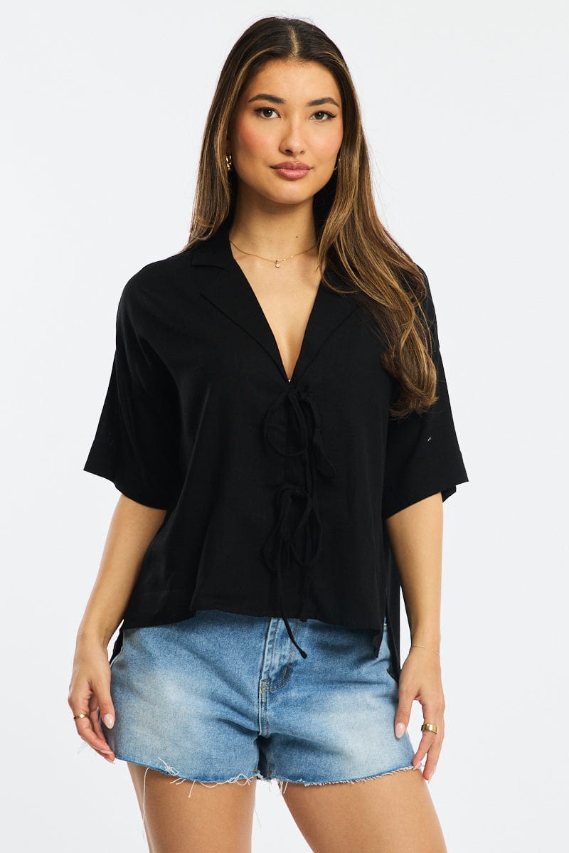 Black Tie Up Top Short Sleeve