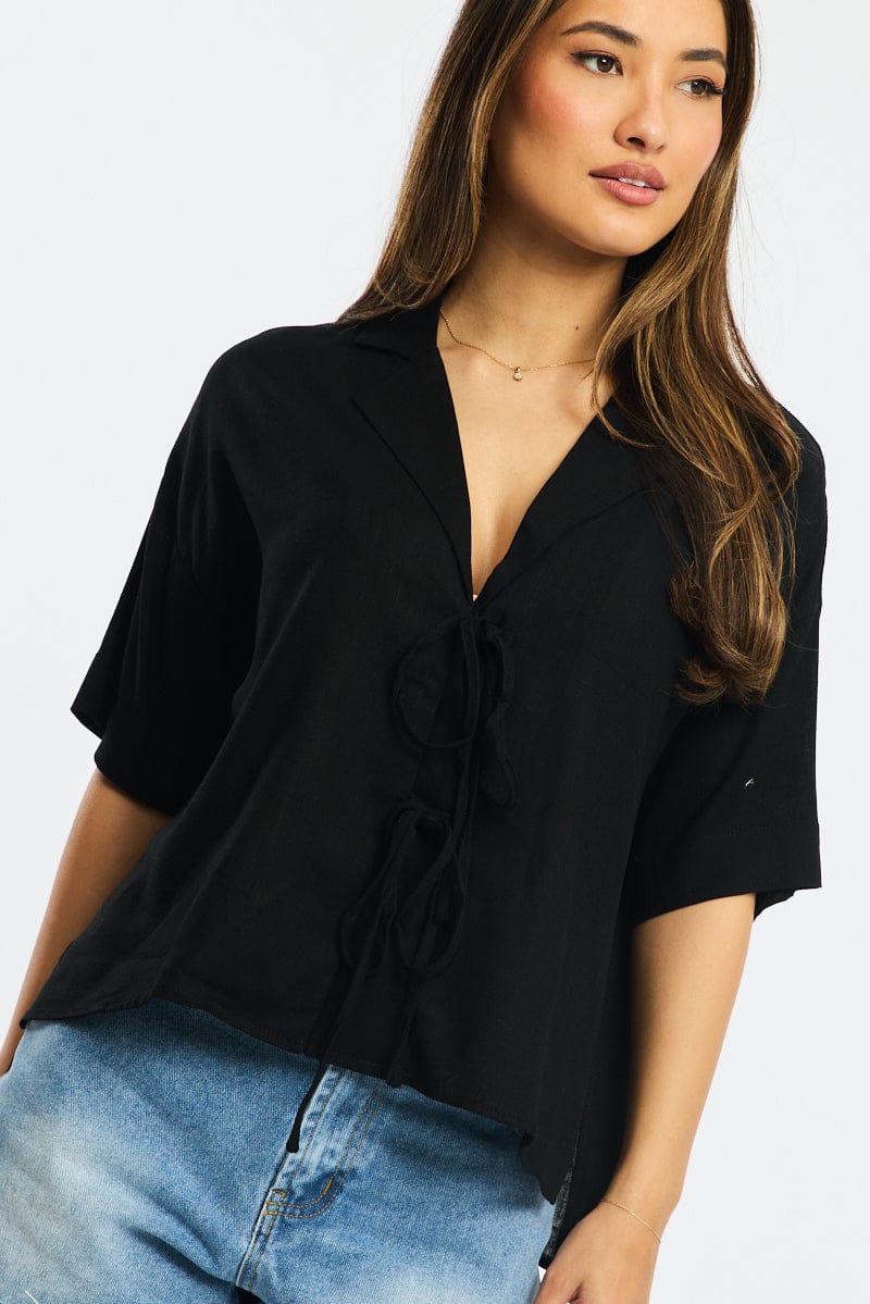 Black Tie Up Top Short Sleeve