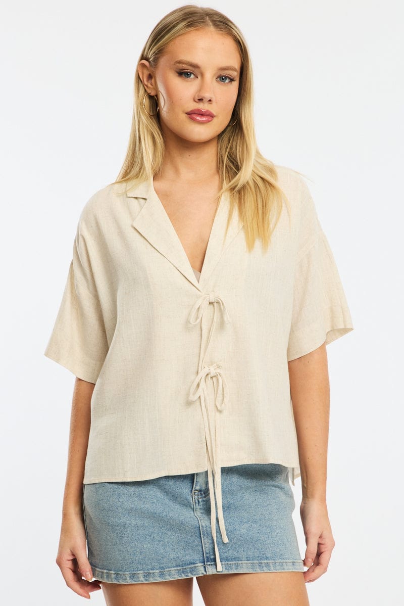 Beige Tie Up Top Short Sleeve