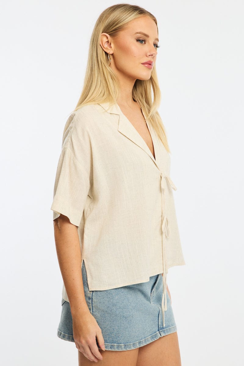 Beige Tie Up Top Short Sleeve