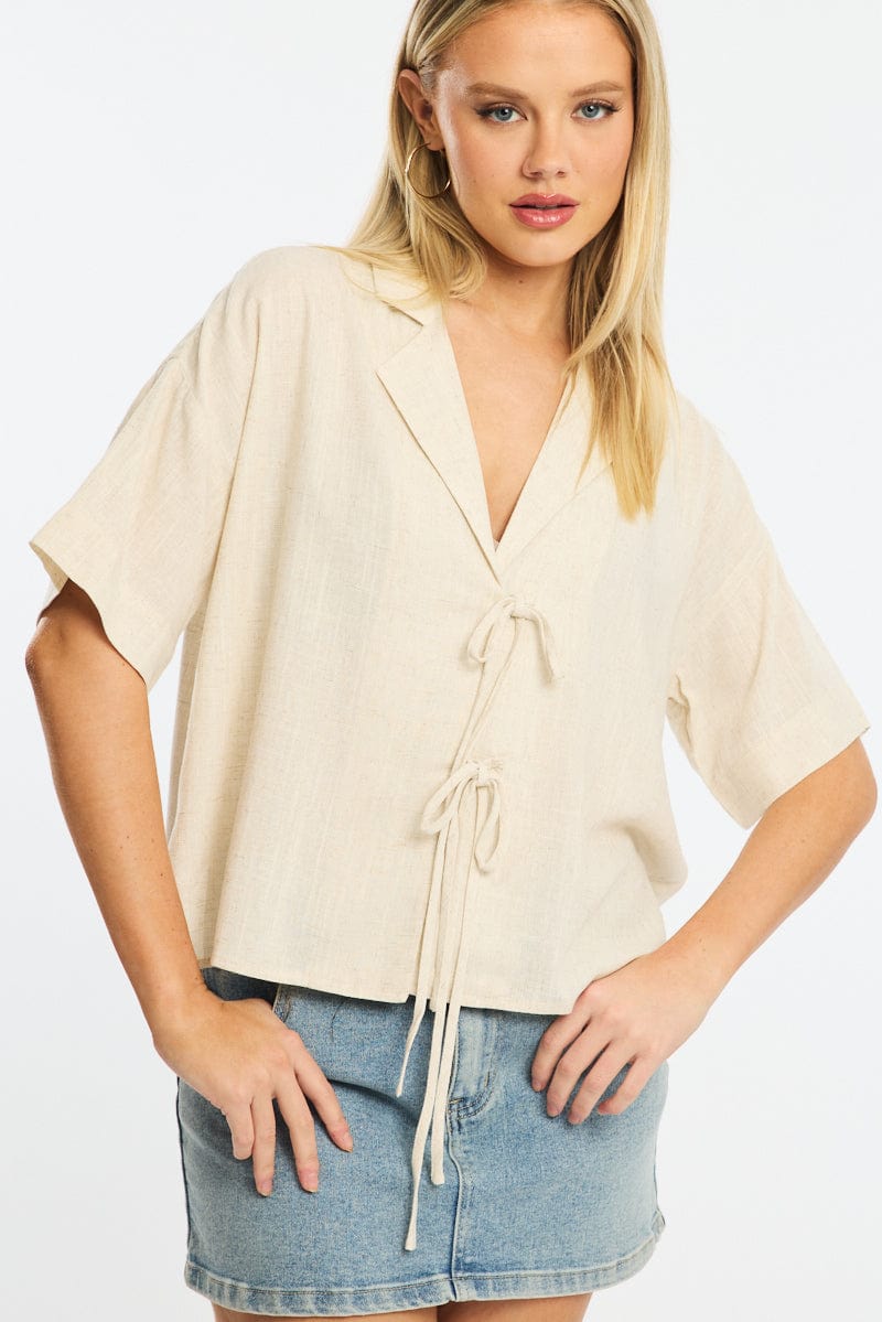 Beige Tie Up Top Short Sleeve
