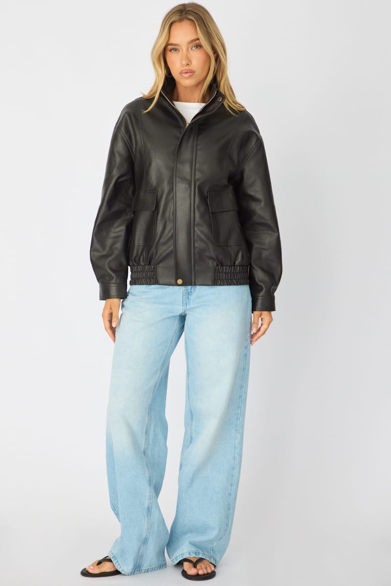 Black Bomber Jacket Washed Faux Leather