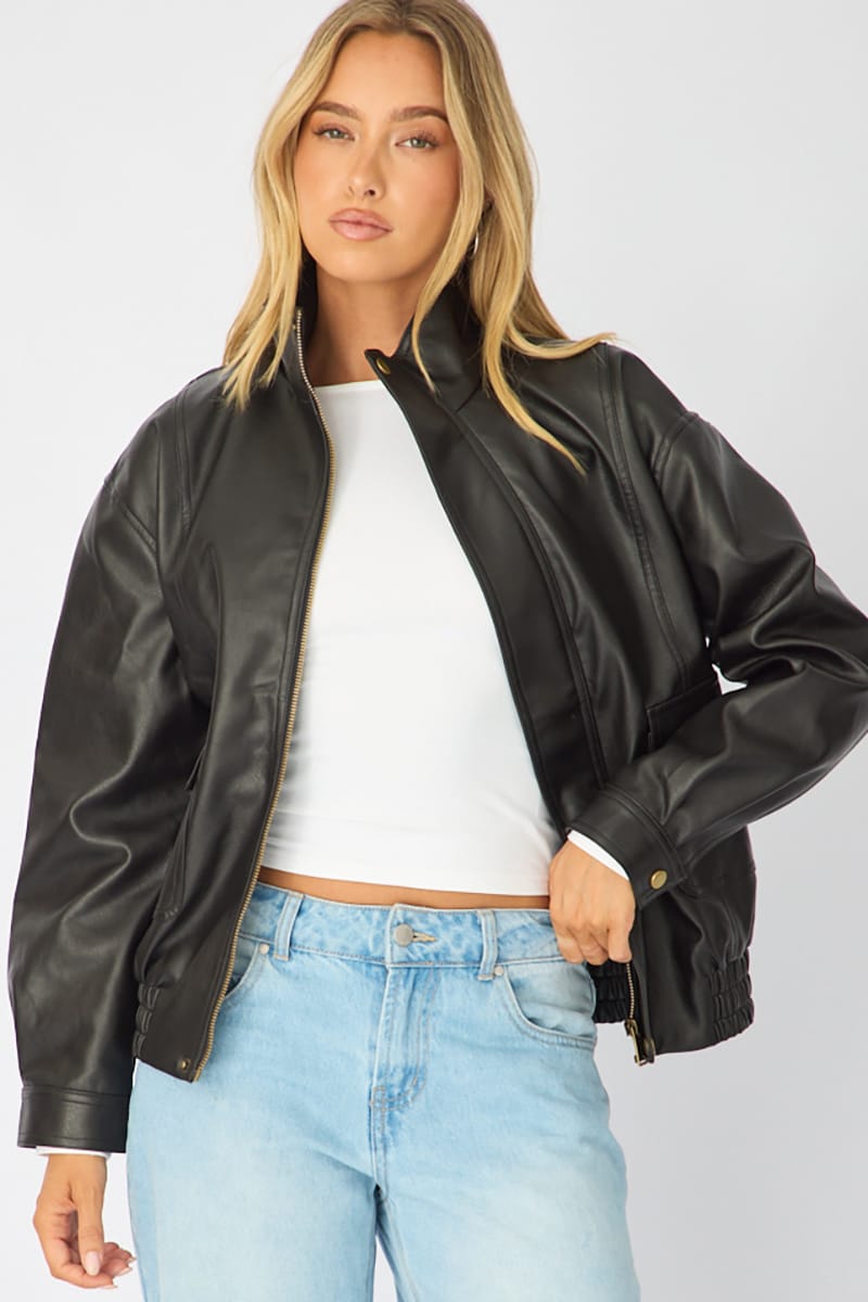 Black Bomber Jacket Washed Faux-Leather from Ally Fashion