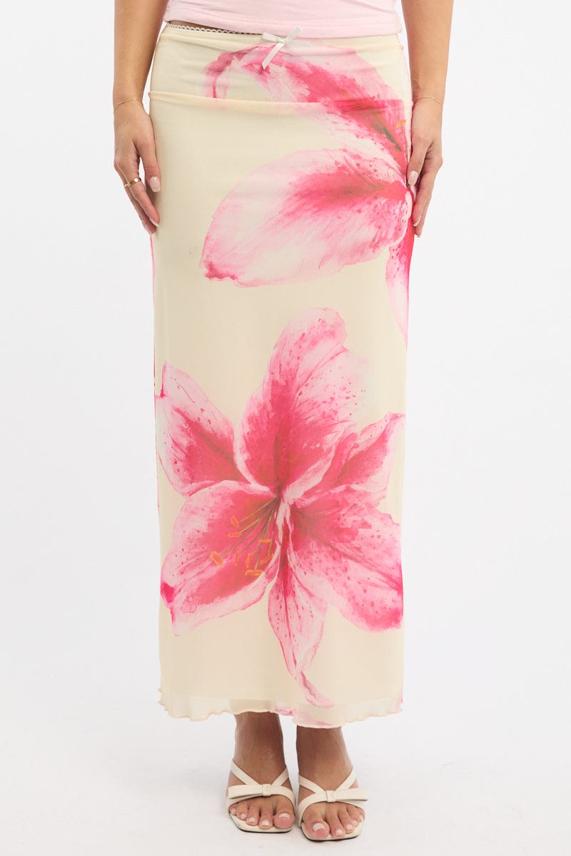 Yellow Floral Mesh Skirt Elasticated Picot Trim Midaxi
