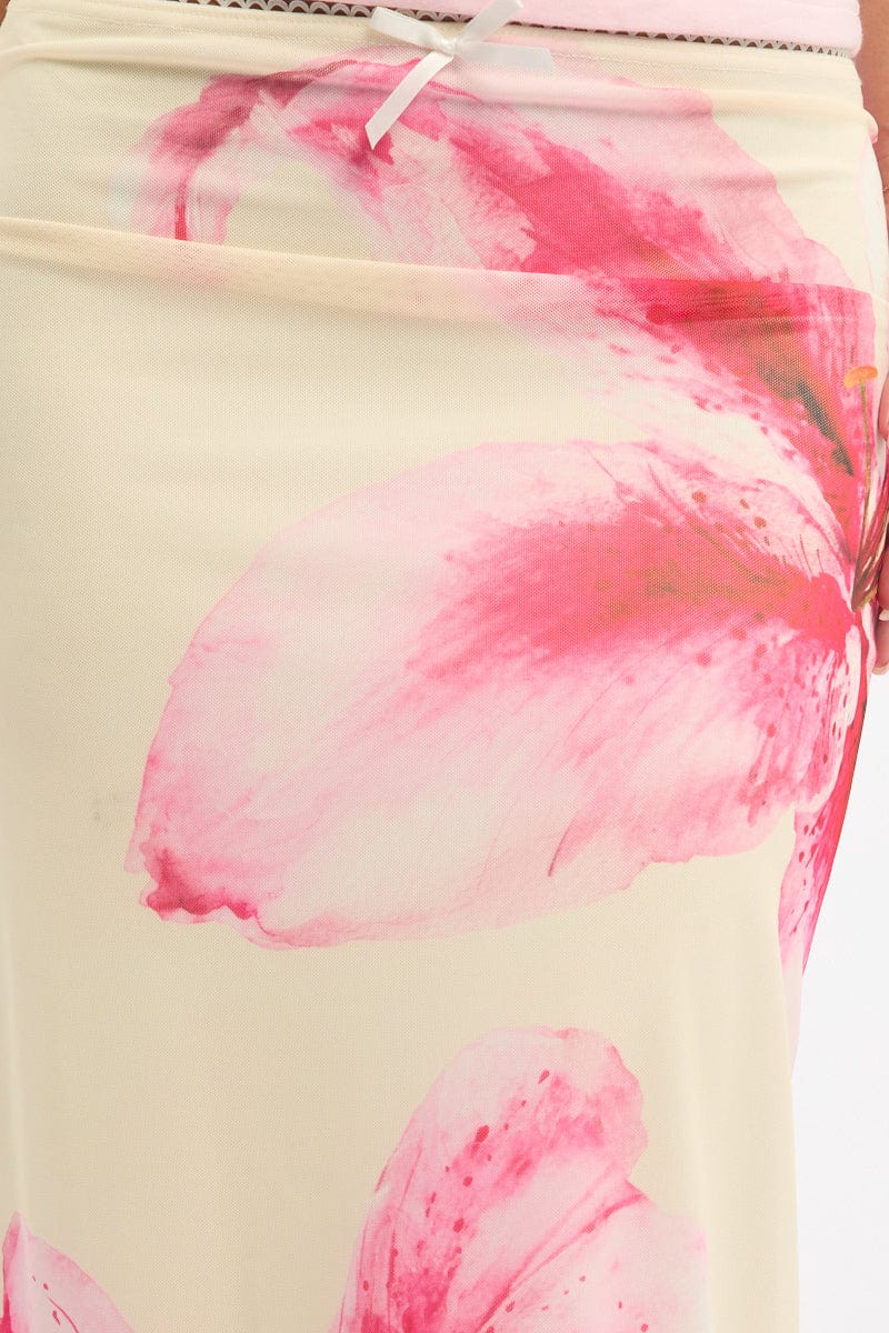 Yellow Floral Mesh Skirt Elasticated Picot Trim Midaxi