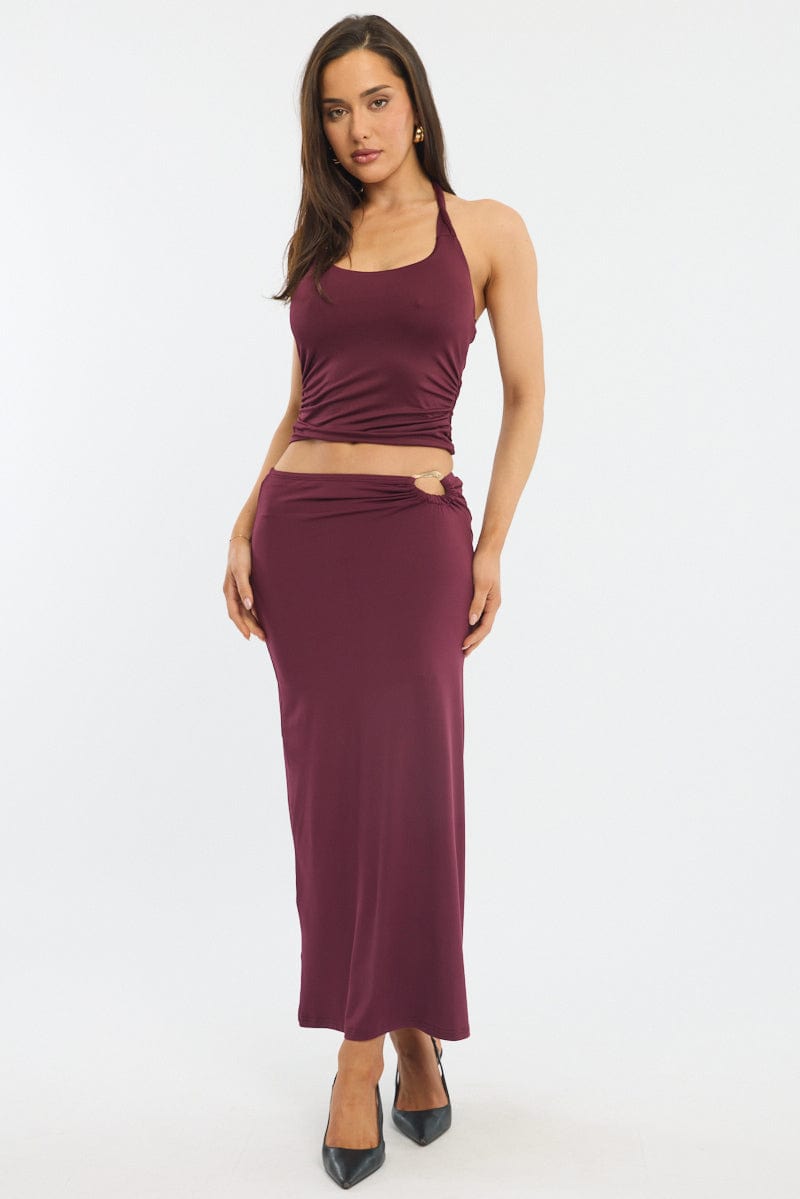 Red Hardware Buckle Maxi Skirt