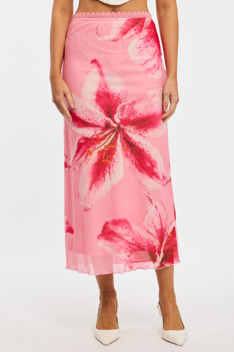 Lace Blush Silk Midi Skirt Pink Floral Mesh Skirt Elasticated Lace