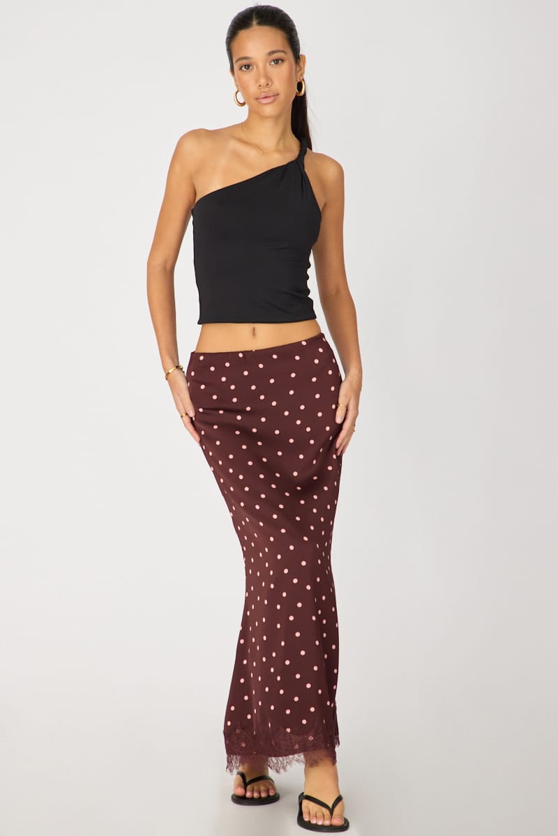 Red Polka Dot Satin Midaxi Skirt Elastic Waist Bias Cut Lined
