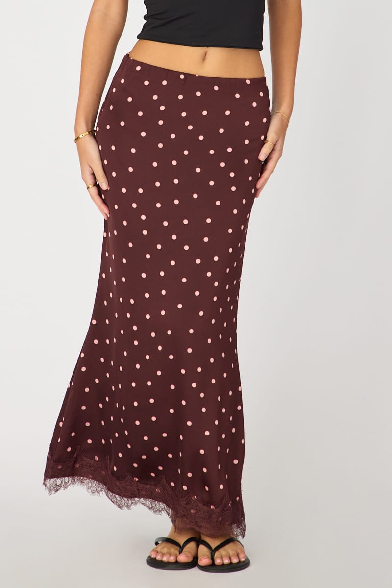 Red Polka Dot Satin Midaxi Skirt Elastic Waist Bias Cut Lined