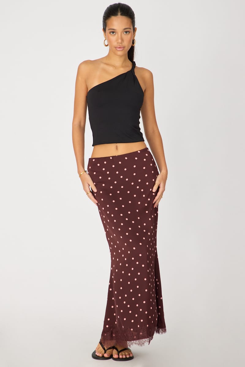Red Polka Dot Satin Midaxi Skirt Elastic Waist Bias Cut Lined
