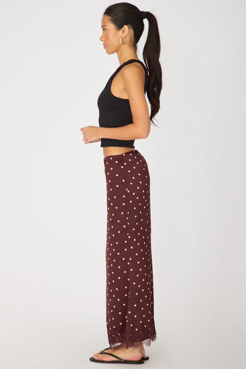 Red Polka Dot Satin Midaxi Skirt Elastic Waist Bias Cut Lined