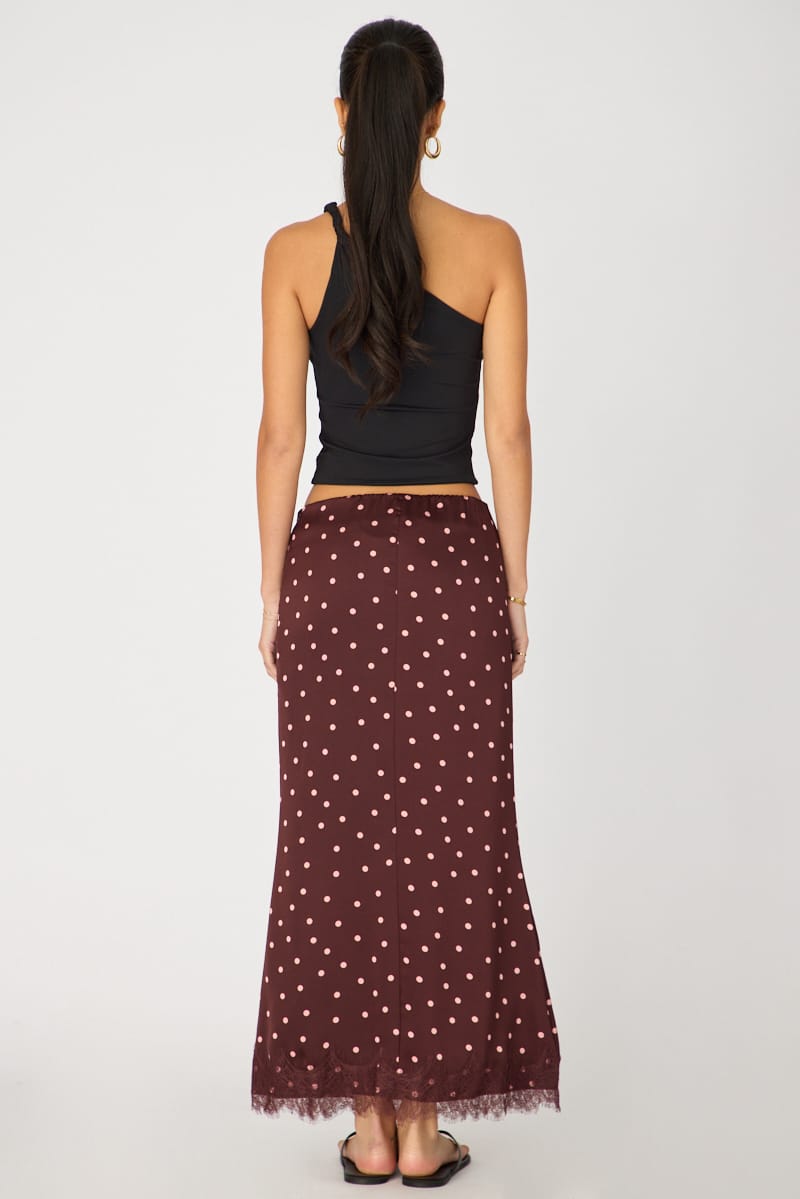 Red Polka Dot Satin Midaxi Skirt Elastic Waist Bias Cut Lined