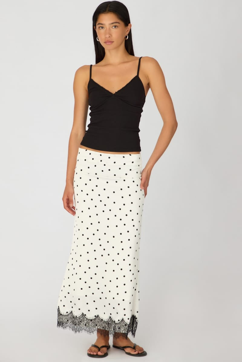 White Polka Dot Satin Midaxi Skirt Elastic Waist Bias Cut Lined