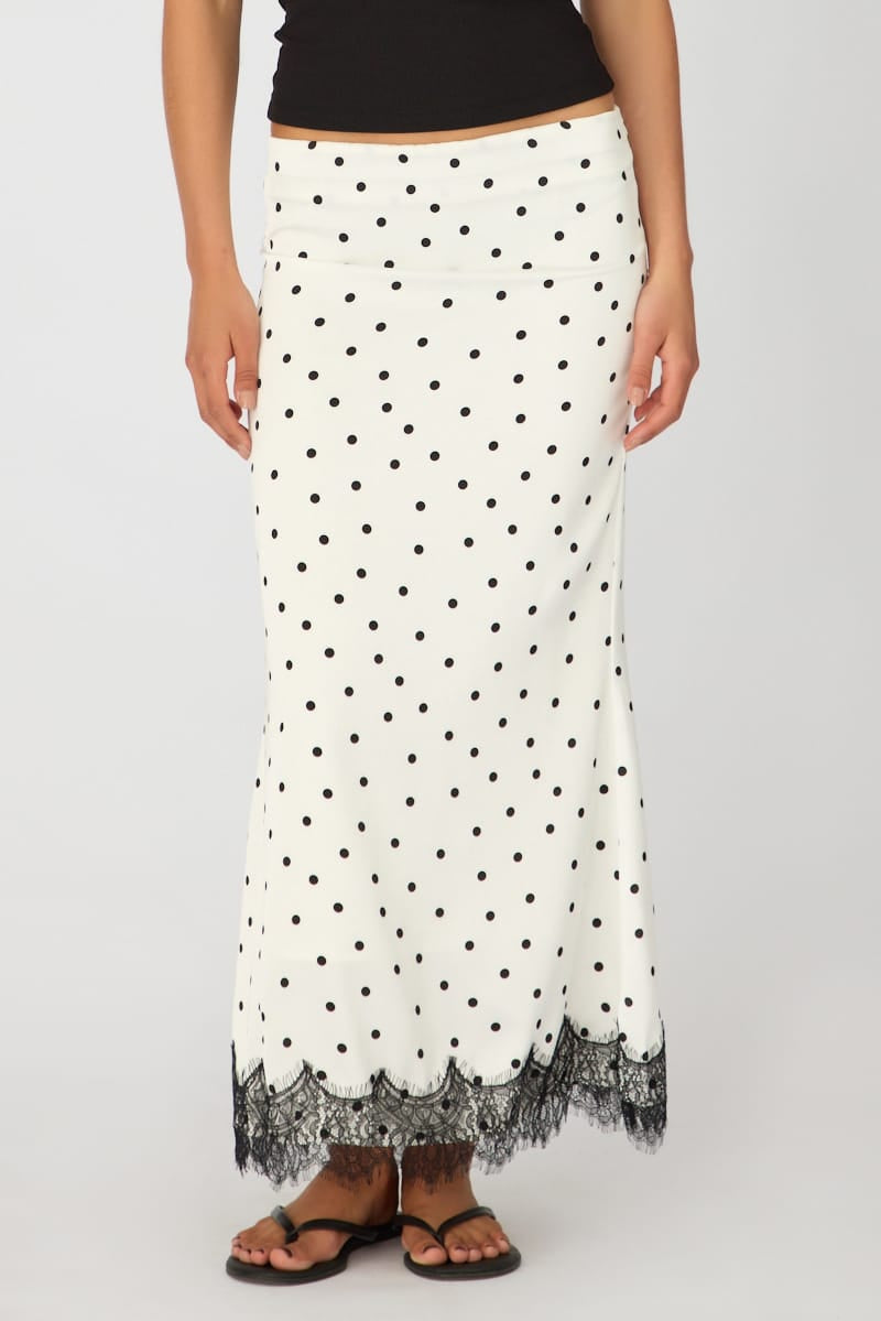 White Polka Dot Satin Midaxi Skirt Elastic Waist Bias Cut Lined