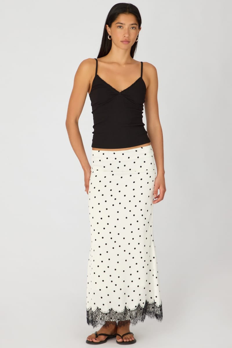 White Polka Dot Satin Midaxi Skirt Elastic Waist Bias Cut Lined