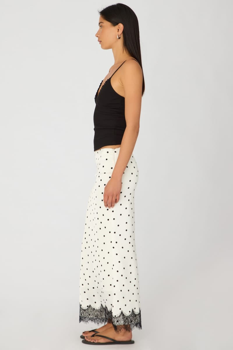 White Polka Dot Satin Midaxi Skirt Elastic Waist Bias Cut Lined