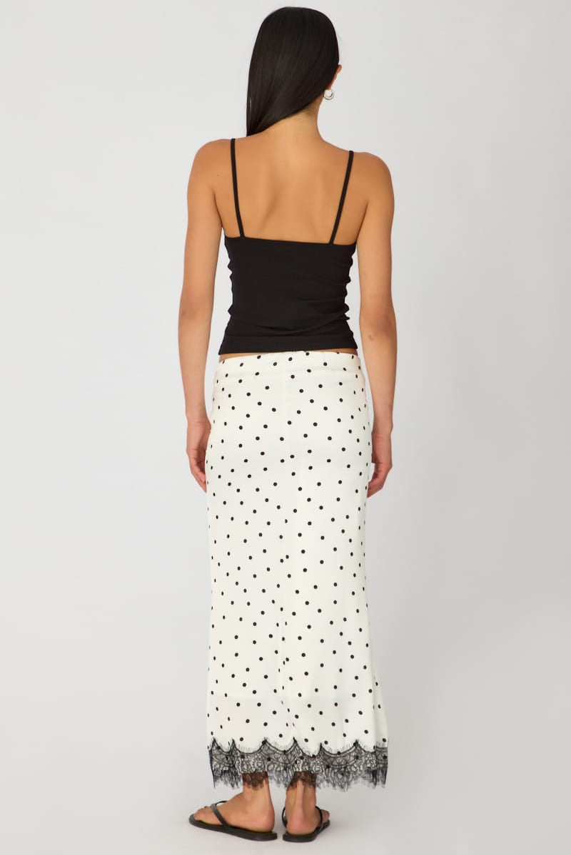 White Polka Dot Satin Midaxi Skirt Elastic Waist Bias Cut Lined