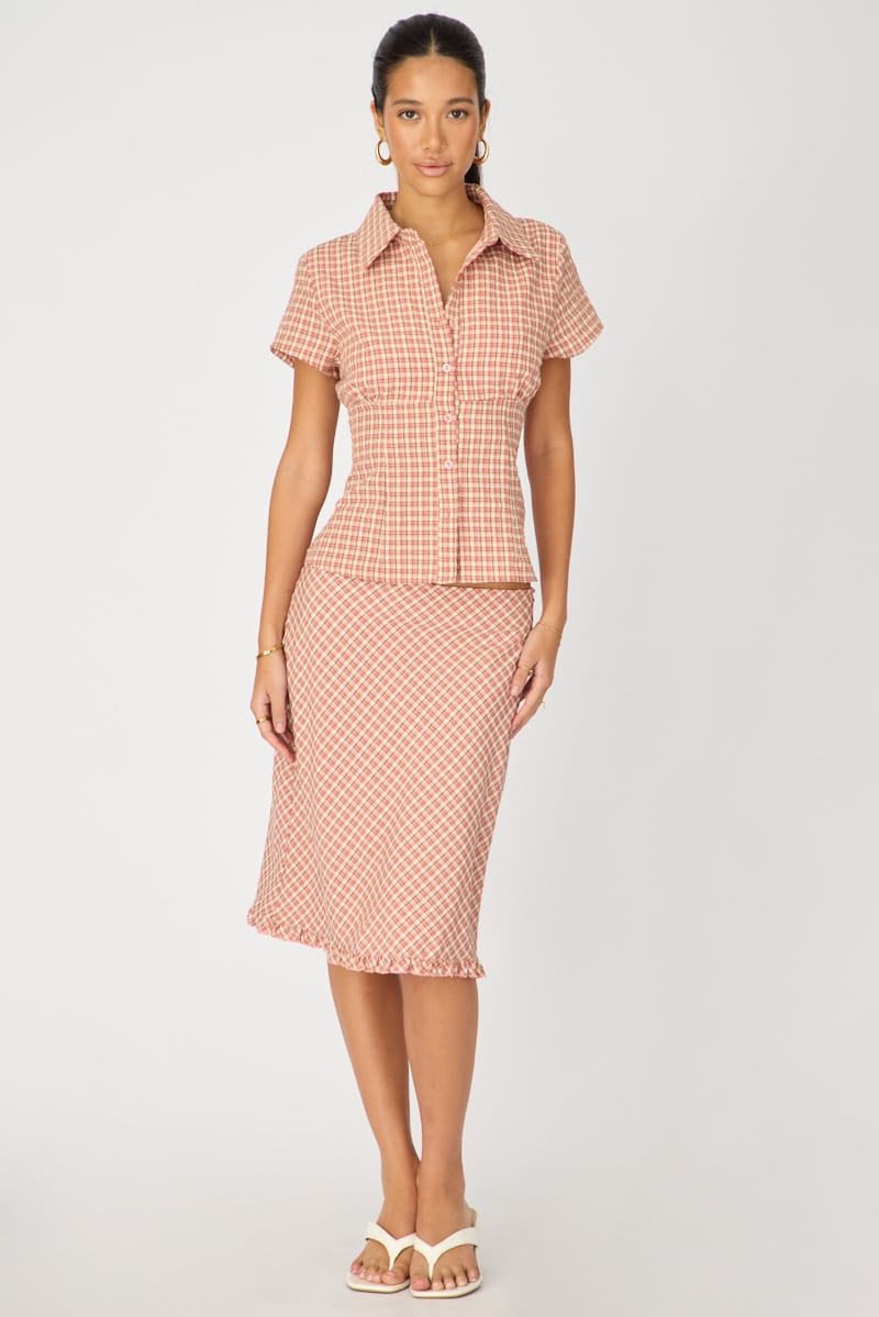 Pink Check Midi Skirt Mid Rise Ruffle Trim Lined