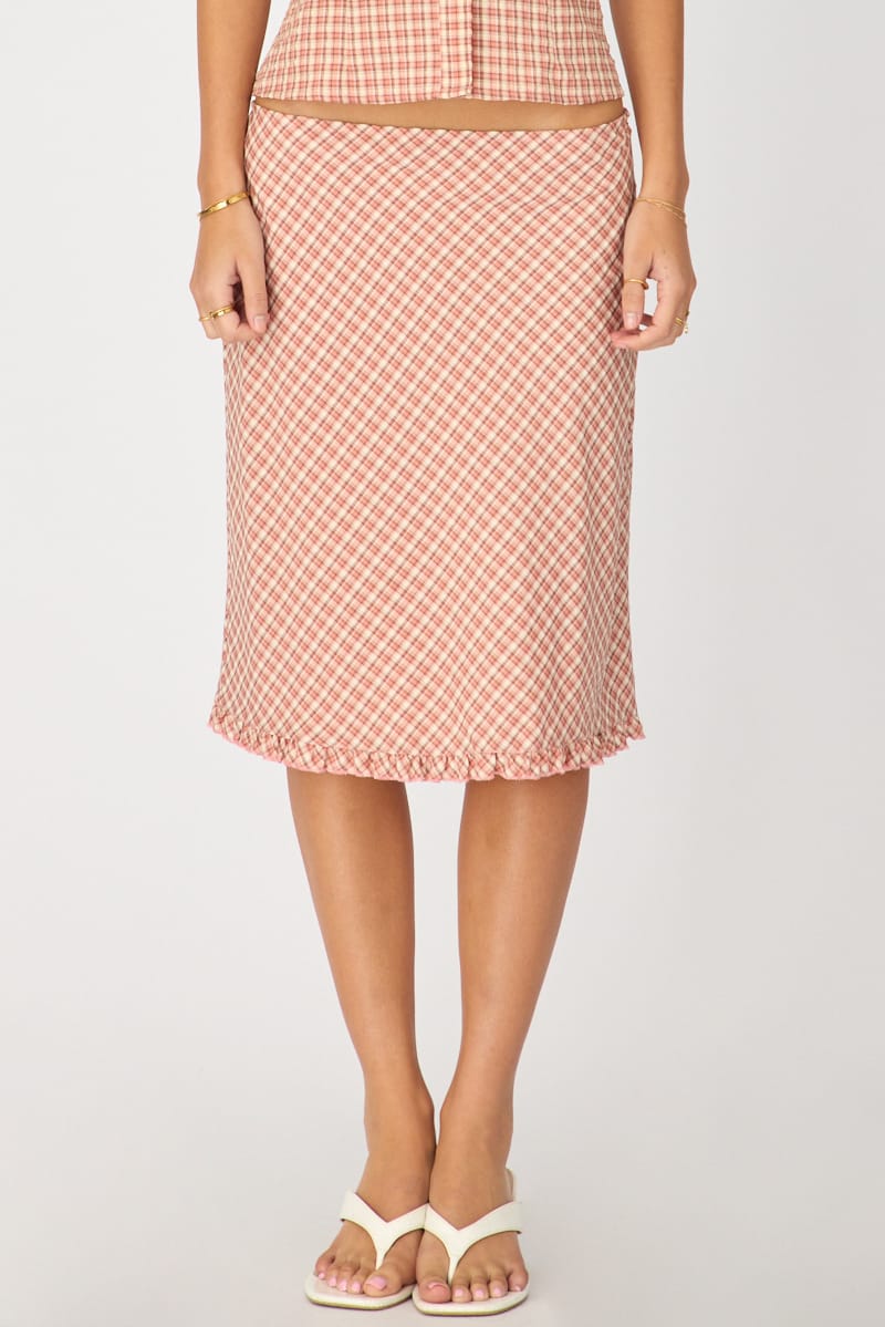 Pink Check Midi Skirt Mid Rise Ruffle Trim Lined